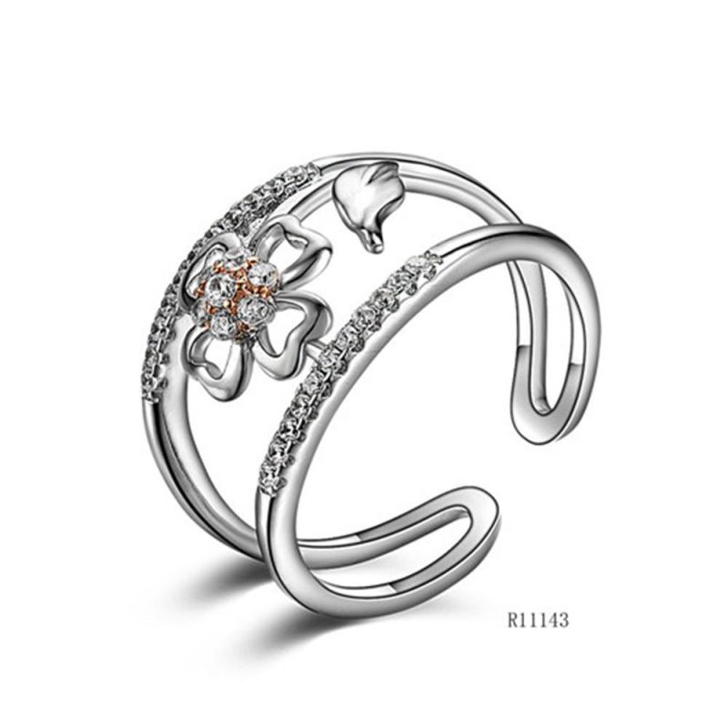 Lucky Four-Leaf Clover Silver with CZ Flower Open Ring