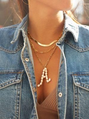Fashion Jewelry Gold-Plated Thick Chain Pearl Letter 26 Alphabet Pendant Necklace