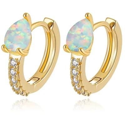 Trendy Jewelry Natural Stones Big Opal and Tiny Diamond Hoop Earrings with 14K Yellow Gold Plated