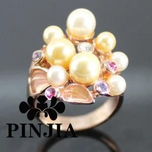 Gold Pearl and Diamond Cluster Fashion Jewelry Ring
