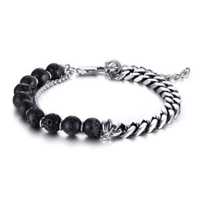 European and American Style Hip-Hop Jewelry Double Titanium Steel Bracelet Stainless Steel Chain Volcanic Stone Men Adjustable Bracelet