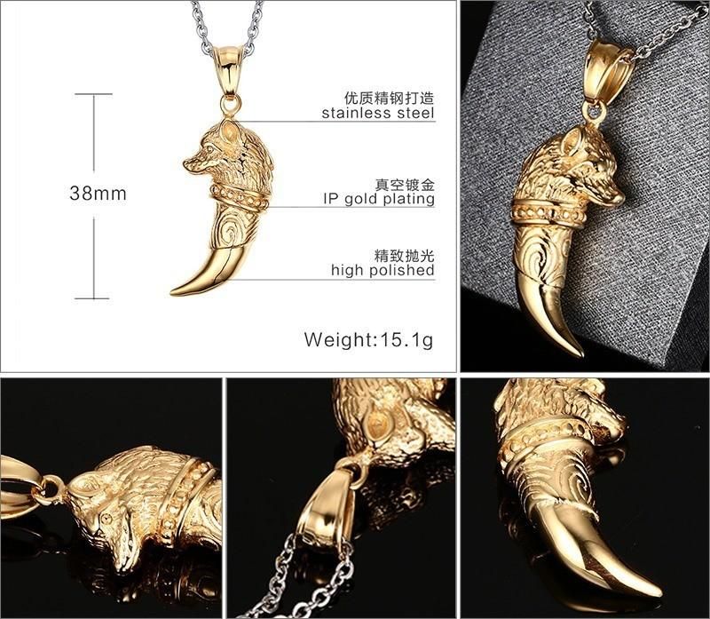 Steam Punk Men Gold Color Wolf Tooth Necklace Wolf Pendant Necklace Male Gold Stainless Steel Dragon Pendant Jewelry Amulet