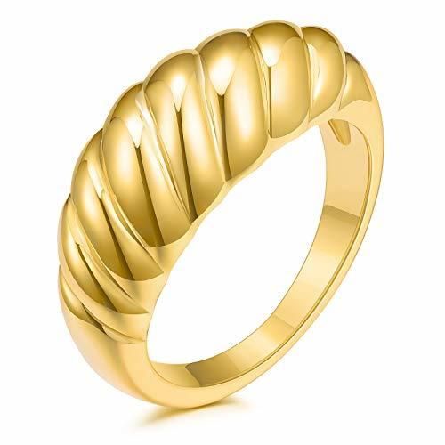 18K Gold Plated Fashion Ring Stainless Steeel Croissant Braided Twisted Signet Chunky Dome Ring