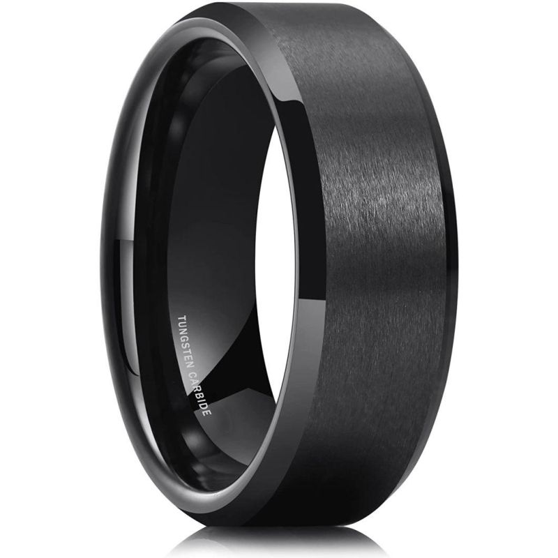 Basic Men Wedding Black Silver Tungsten Ring Matte Finish Beveled Polished Edge Comfort Fit