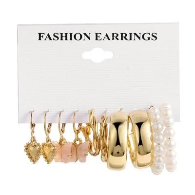 Manufacture New Trendy 6 Pairs Heart Butterfly Twisted Iron Pearl Hoop Earrings for Women