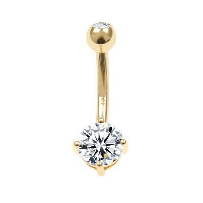 Eternal Metal 14K Solid Gold Prong Set White Zirconia Belly Button Ring