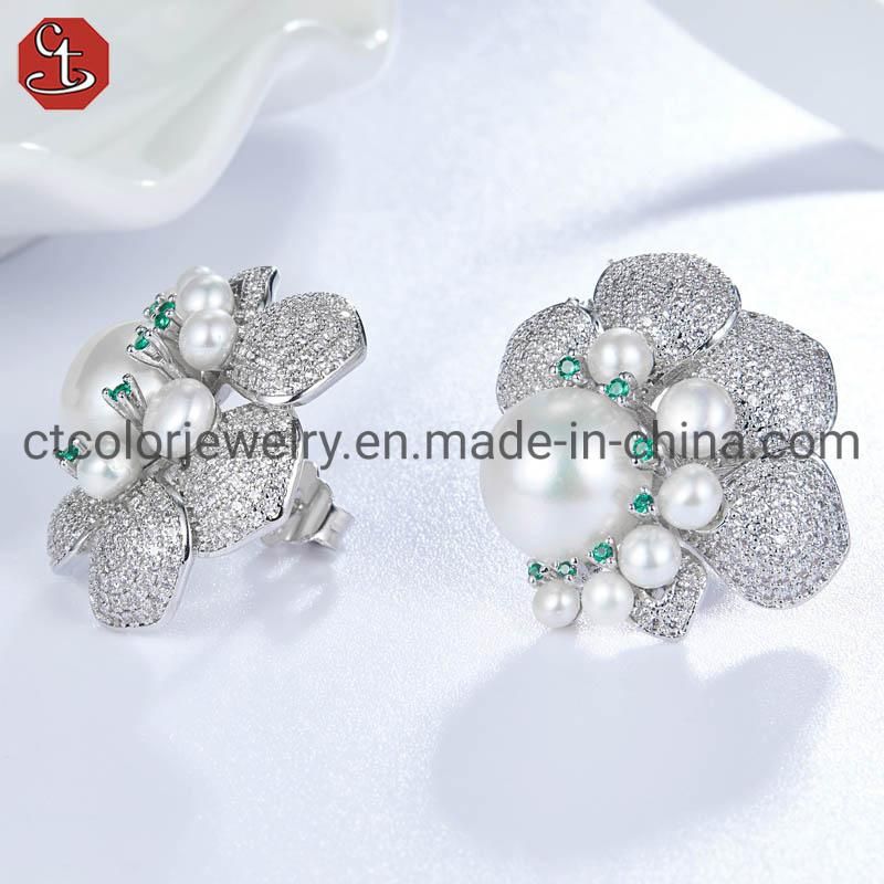 High Quality Flower Gold Plated S925 Silver CZ Freshwater Pearl Ring Earring Jewelry set White Christmas gifts