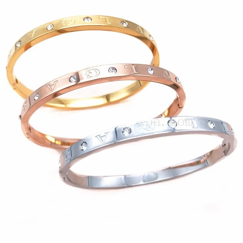 Stainless Steel Letter Girls Boys Jewelry 18K Gold Plated Three Color Lovely Young Girl Zircon Bangle Bracelet