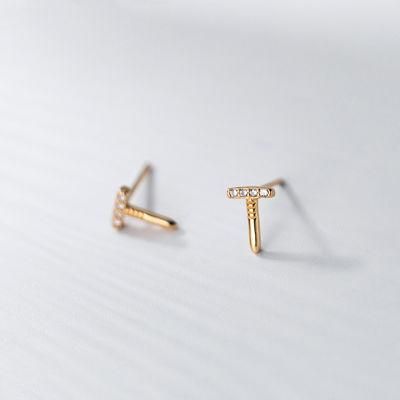 Real 925 Sterling Silver Simple Screw T Shape Zircon Stud Earrings for Women Party Personality Jewelry