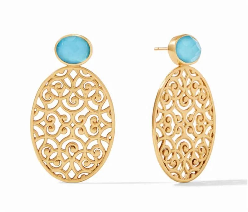 Fashion Filigree Large Oval Shape Casted/Casting Statement Earring with Gemstone Jewelry