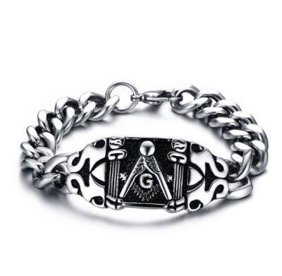 European and American Style Titanium Steel Men&prime; S Bracelet 25mm Stainless Steel Freemason Bracelet Steel Color Factory Direct Supply