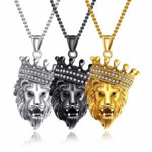 2022 New Vintage Style Cubic Zircon Lion Head Fashion Jewelry Stainless Steel Pendant Necklace for Men