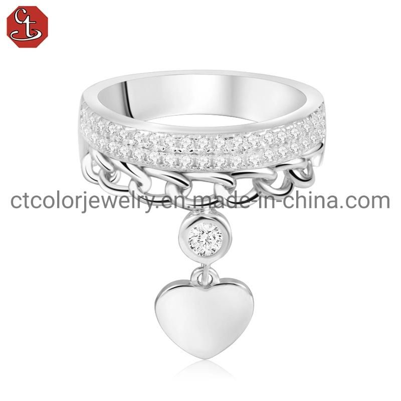 Fashion Jewelry Crown Drop Heart 925 Silver Cubic Zirconia Ring