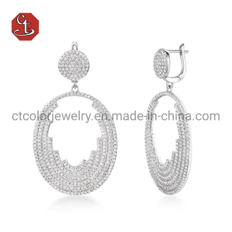 Women Round White Blue Turquoise Color Enamel White CZ Earrings Fashion Jewelry