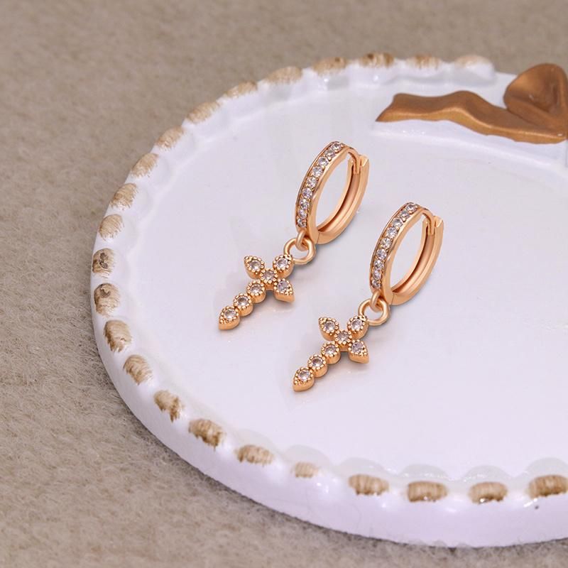 Gold Plated AAA Zircon Cross Pendant Hoop Hanging Earring