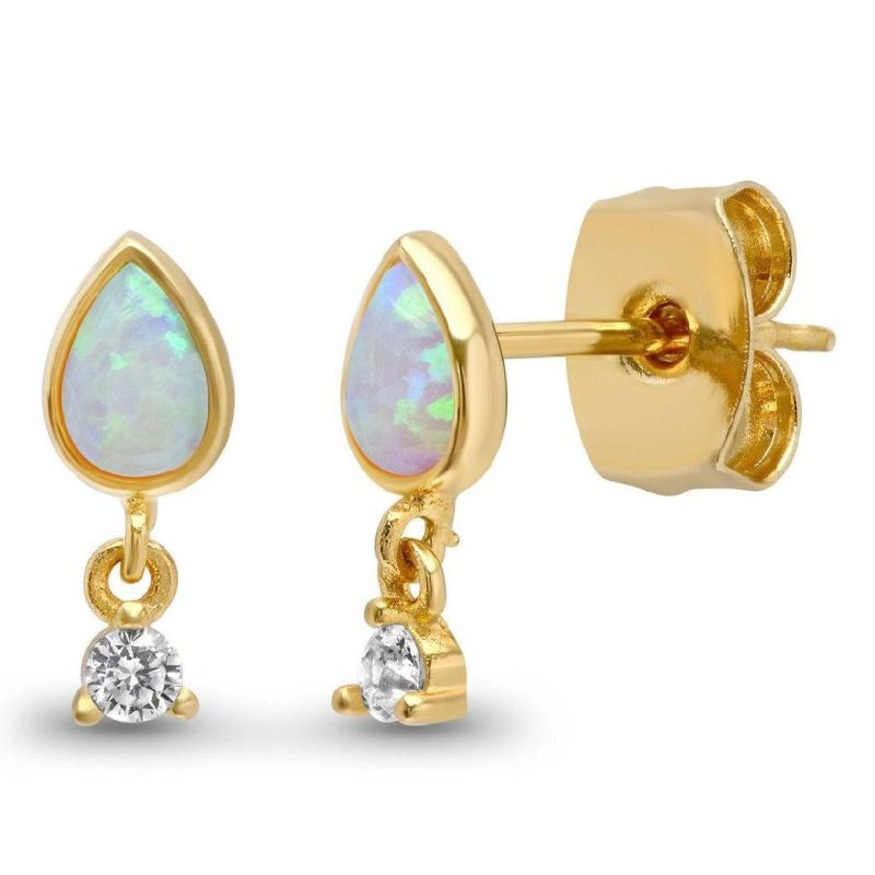 Fine Jewelry Round Shape Diamond and Oval Shape Opal Earrings Button Drop Earrings