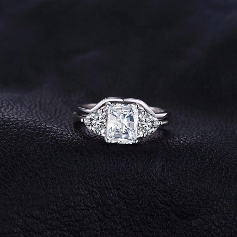 Emerald Cut Cubic Zirconia 3 Stone Anniversary Promise Wedding Band Engagement Rings Bridal Sets Silver Jewelry