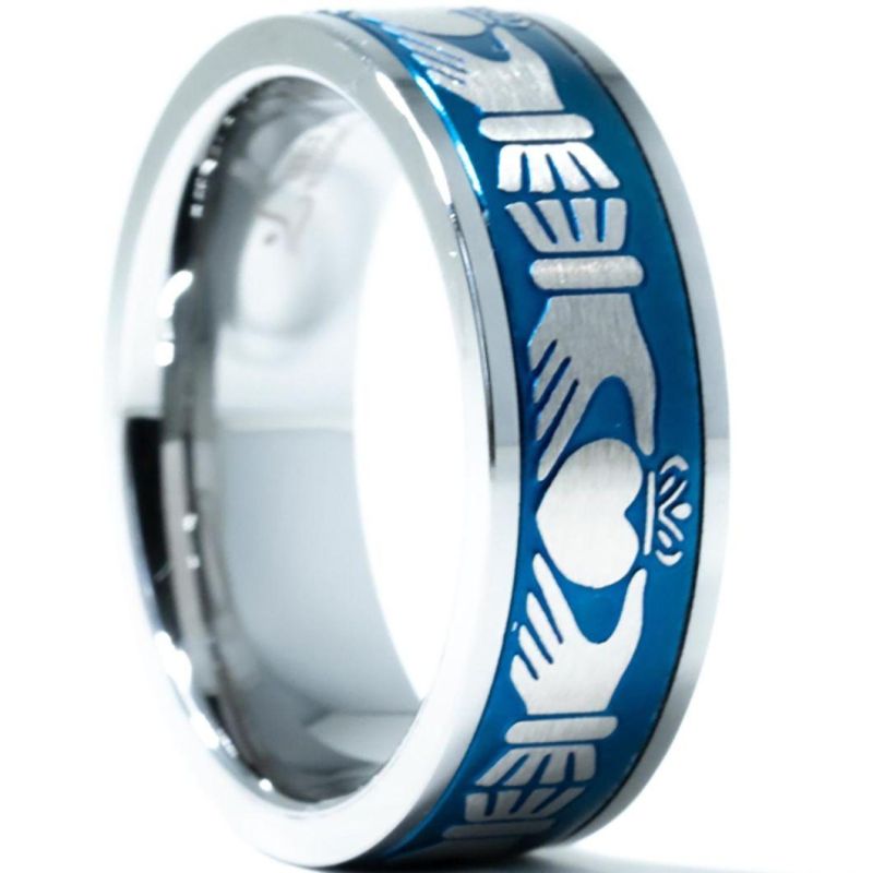Tungsten Carbide Irish Claddagh Celtic Knot Ring Black/Blue