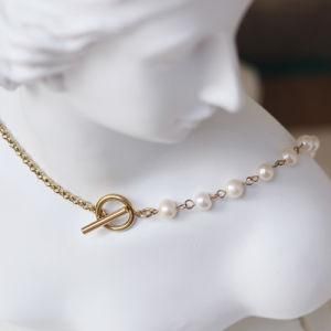 Handmade Natural Freshwater Women&prime;s Jewelry Stainless Steel 14K Gold Pearl Beads Chain Link Bracelet Necklace