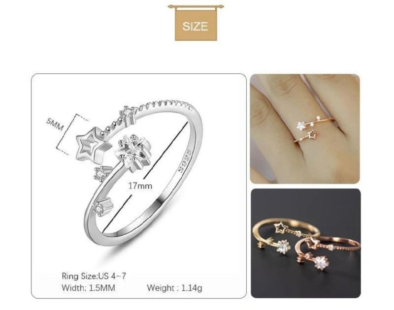 925 Sterling Silver Ring Trendy CZ Star Adjustable Ring Cute Gift for Women Luxury Fashion Jewelry Wholesale