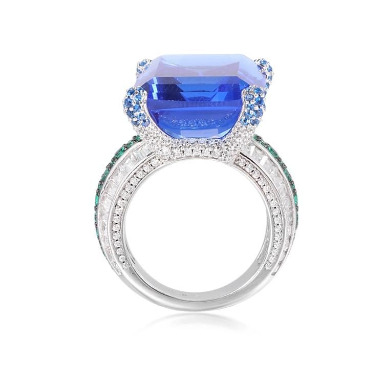 Sapphire Blue and Emerald Fancy Stone Silver Ring for Women