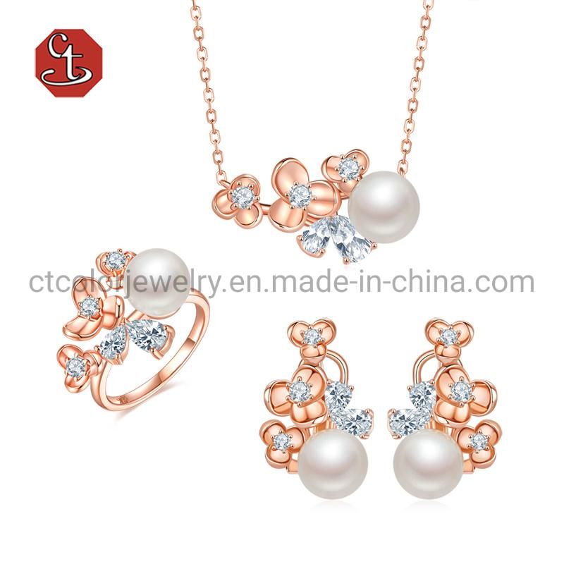 Fashion Jewelry Elegant 18k Rose Gold Plated Silver Brass Flowers and pearls Rings