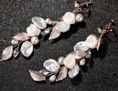 Silver Crystal Pearl Ceramic Earrings. Wedding Bridal Crystal Flower Earrings for Brides