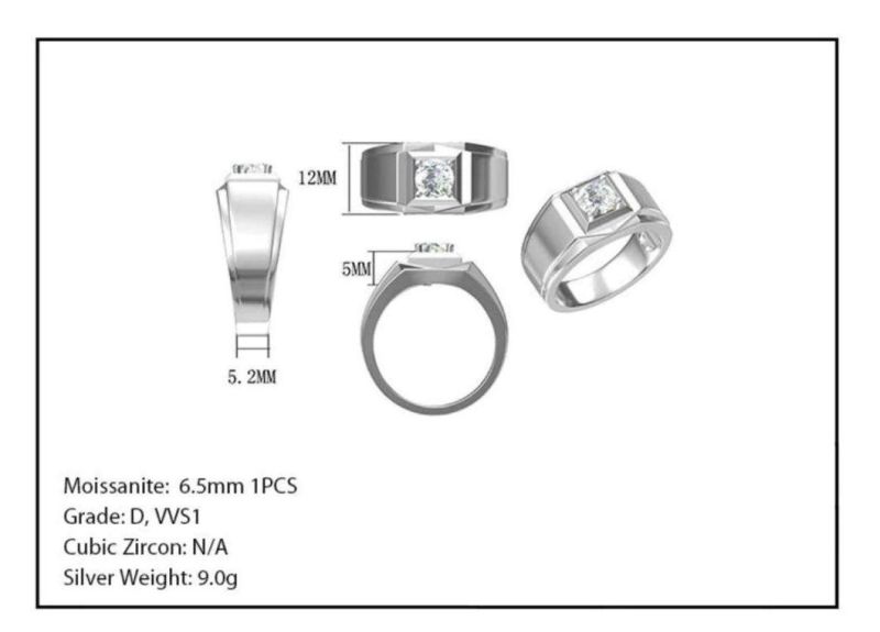 S925 Silver Rhodium Plated 1CT Temperamental-Style Men′s Silver Romantic White Moissanite Men Jewelry Rings