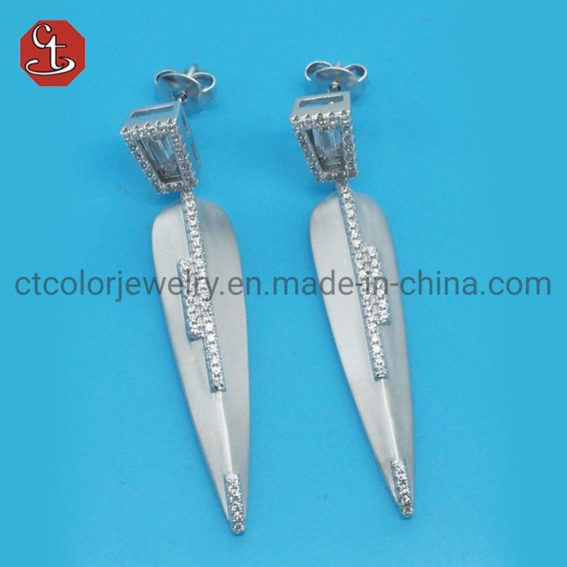 Women Popular Baguette Stud Hot Sale CZ Plain Knife sharp Dangle Earring Brass & Silver Jewelry