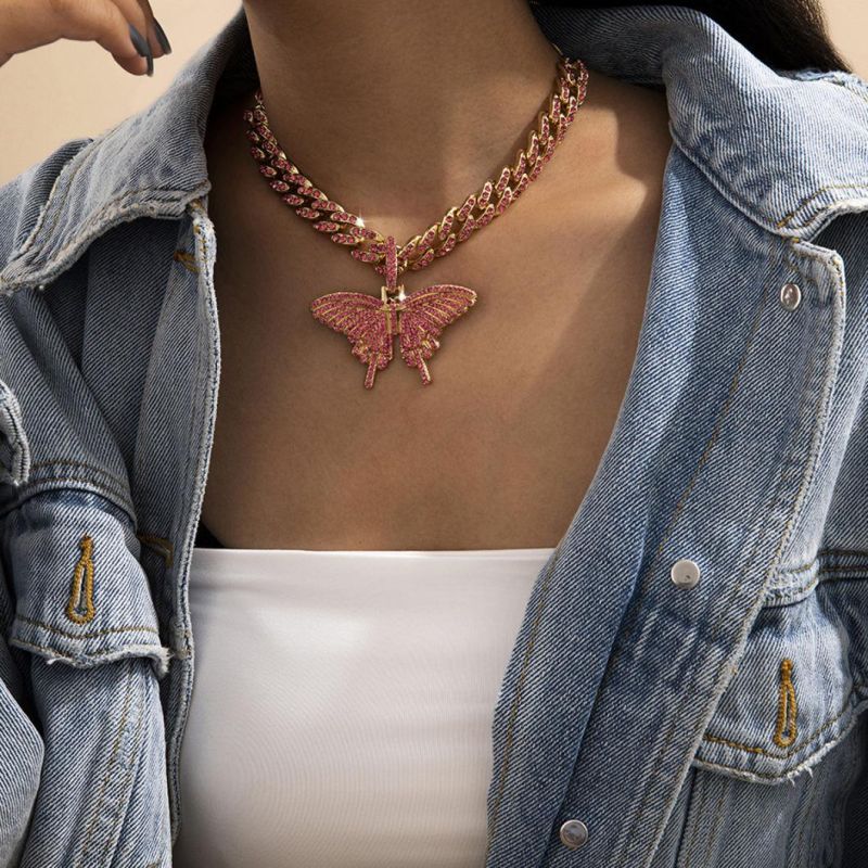 Big Size AAA Zircon Hip Hop Women Butterfly Pendant Necklace