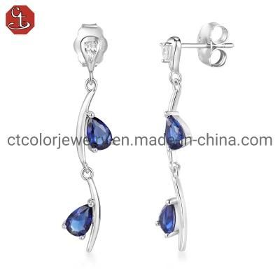Fashion Jewelry 925 Sterling Silver Cubic Zirconia Classic Gem Blue Stone Earrings