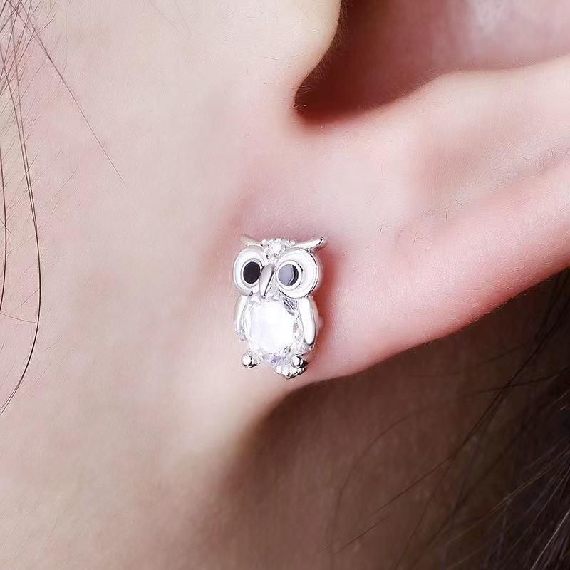 Stud Earrings Luxury Female White Crystal Owl Earrings 925 Sterling Silver Earrings