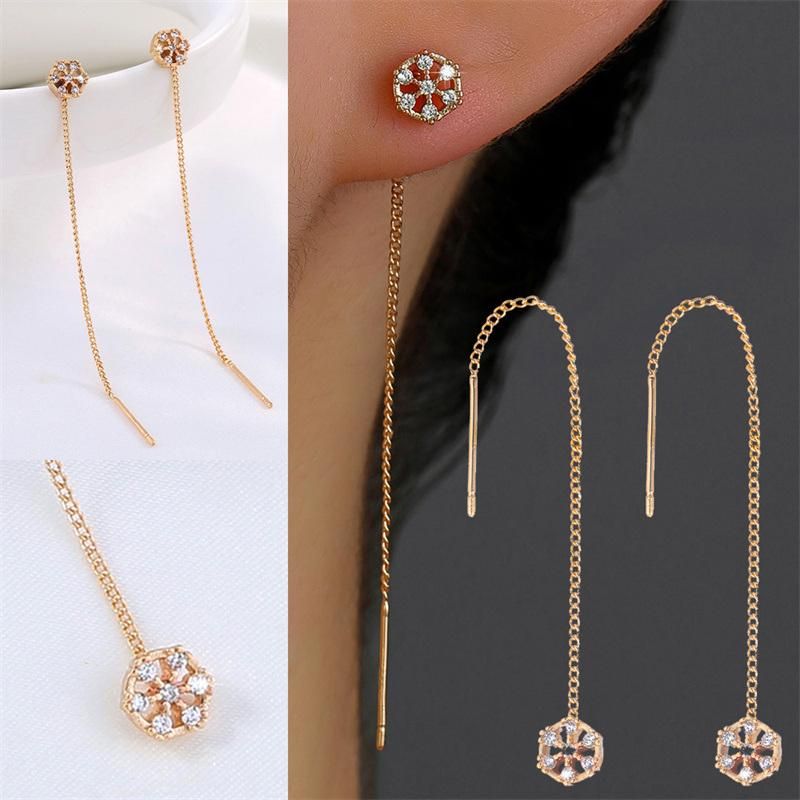 2022 Manufacture New Design Fashion 18K Gold Jewelry Brass Alloy Crystal CZ Hyacinth Round Pendant Drop Long Thread Line Threader Earrings for Female Anniversar