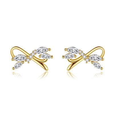 Real 925 Sterling Silver Hollow Bowknot with Oval Zircon Shiny Stud Earrings for Women Sweet Girls Jewelry Gift