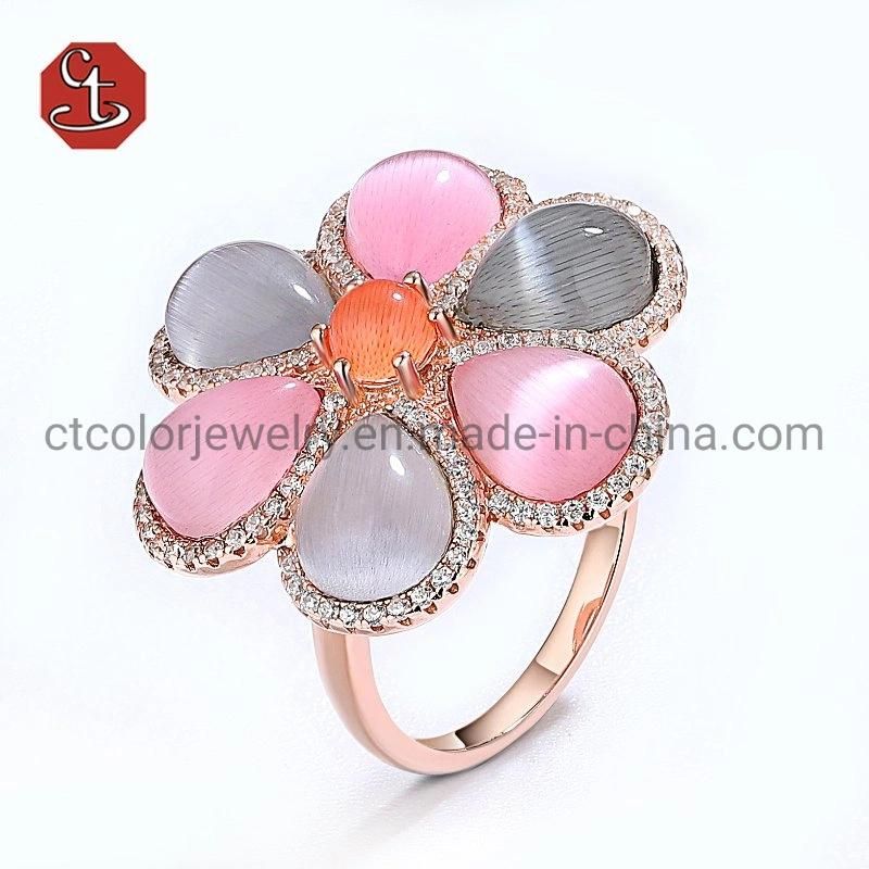 Fashion Jewelry 925 Sterling Silver Ring Daisy Flower Silver Gold Jewelry Pear shaped Color Cat Eyes Stone Ring