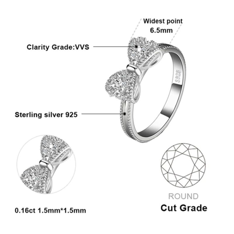 925 Sterling Silver Rings Anniversary Day Gift Full Crystal Bow Shape Latest Wedding Rings