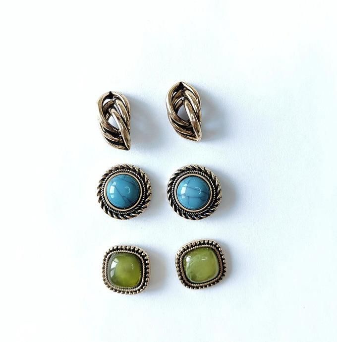 Best Seller Manufacture Veggies 8 Packs Multiple Earrings with Cracked Semiprecious Acrylic Resin Bead Studs Marbling Square and Round Clip Iron Hoop Earrings
