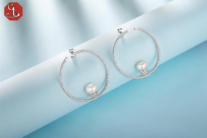 925 Sterling Silver Fashion Jewelry Pearl Round CZ Stud Earrings