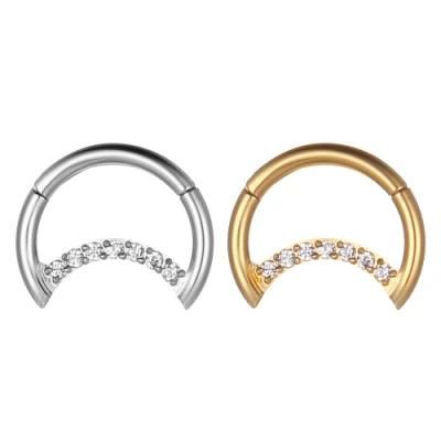 Nose Rings Hoop-G23 Titanium Hinged Septum Clicker Inlaid Clear CZ Moon Body Piercing jewelry 16g 6mm to 12mm