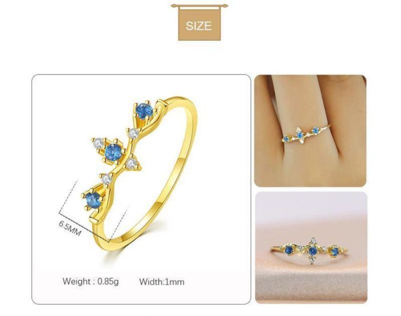 925 Sterling Silver 14K Gold Plated Blue Crystal Crown Ring Women Classic Cute Proposal Party Jewelry