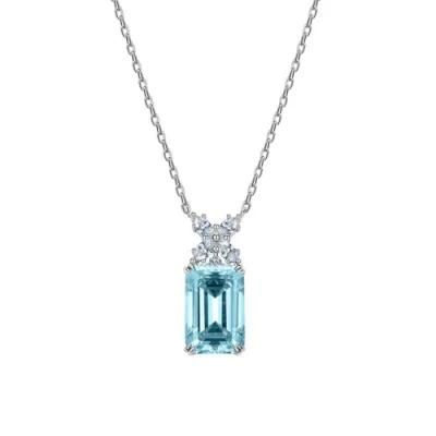 New Arrival Elegant 925 Silver Jewelry 8*12 Aquamarine Gemstone Diamond Pendant Necklace