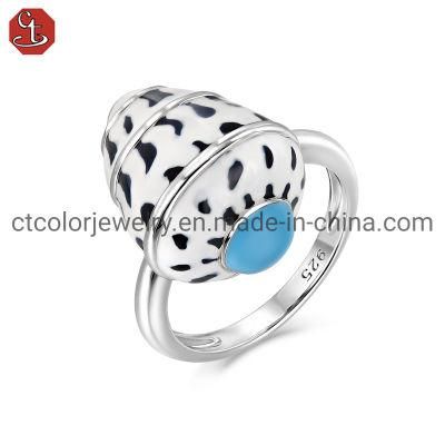 Fashion Custom Jewelry Black and White Shell Shape 925 Sterling Silver Ring with Enamel