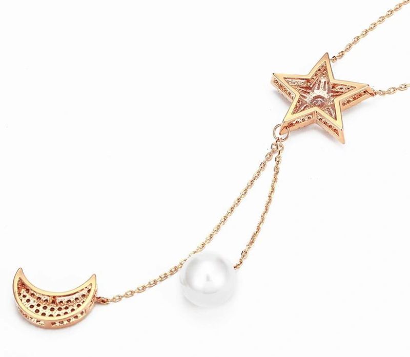 Fashion Jewelry Star Type Rose Gold Color Pearl Sweater Chain Necklace for Women