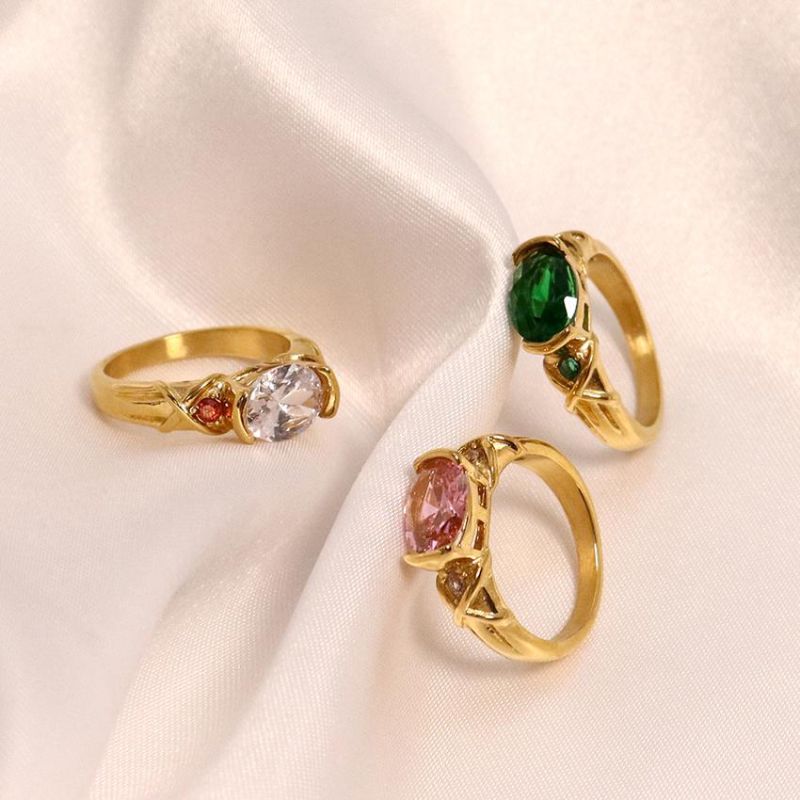 Minimalist Three Color Gemstone Gold Plated Ring Red Blue Green CZ Stone Ring for Women