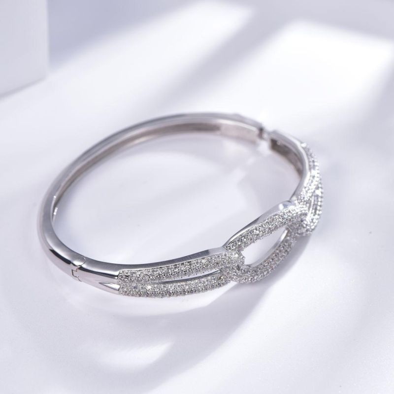 Elegant Brass 925 Sterling Silver White Gold Plated Rhinestone Cuff Cubic Zircon Paved Infinity Bangle