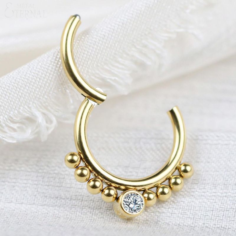 Eternal Metal Gold PVD Titanium Balls Hinged Clicker Nose Rings with Stone Piercing Jewelry