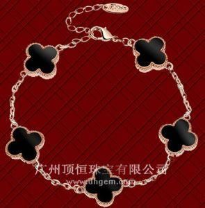 Wholesale China Supplier Size 16-18cm Fashion 925 Sterling Silver Jewelry with Black Agate Stone Four Leaf Clover Bracelet