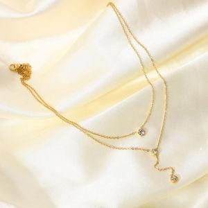 Astofli New Jewelry Arrivals 2021 Women Double Chain Stainless Steel Drop Zircon Y Shaped Necklace