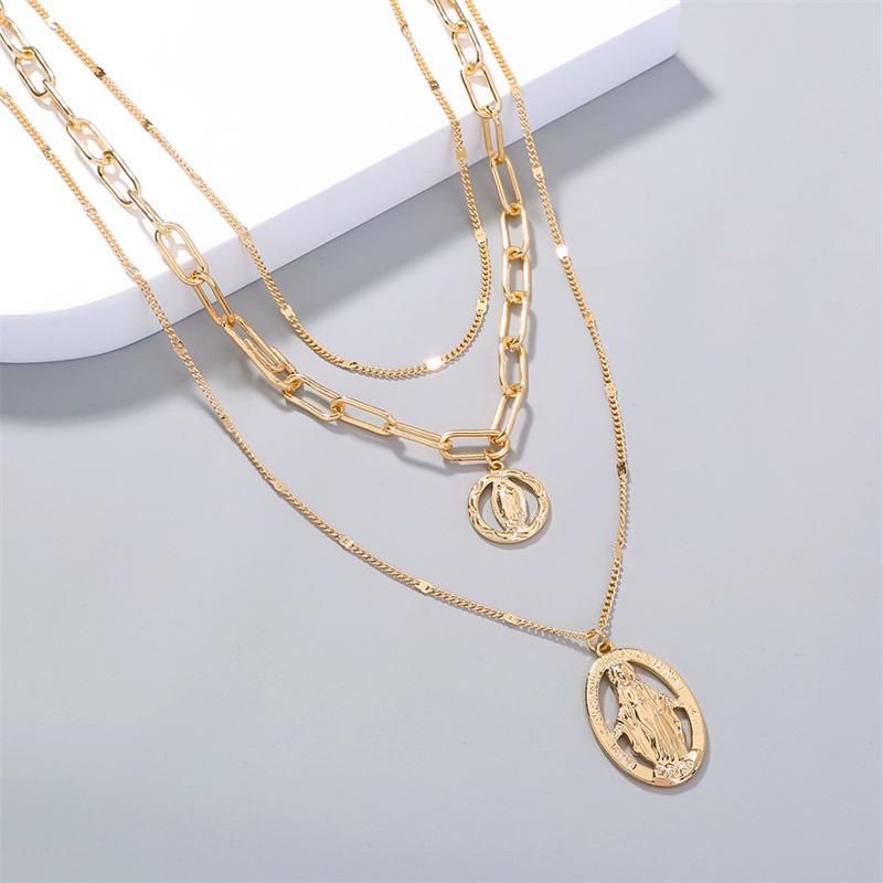 Wholesale European America Stylish 18K Gold Plated 3 Rows Link Chain Head Pendant Layered Necklace