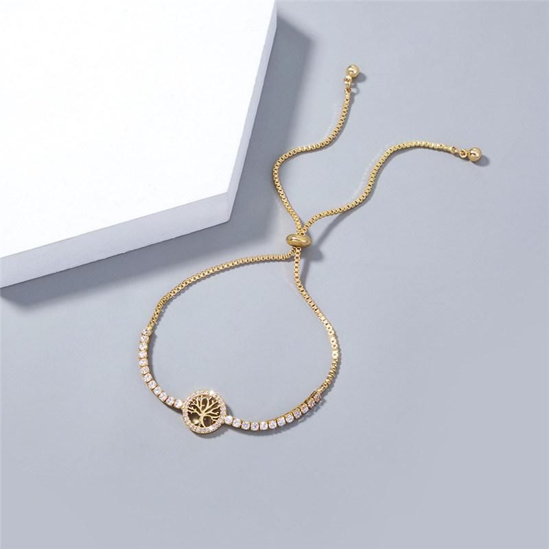 Manufacturer Custom Jewelry Wholesale Luxury Bracelets & Bangles 18K Gold Plated Brass Women Fashion Charm Bracelet with Round Tree Pendant